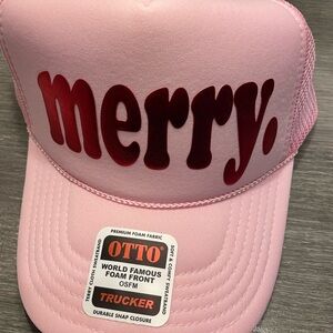 NWT Boutique Pink & Burgandy/Maroon “Merry” Trucker Hat
